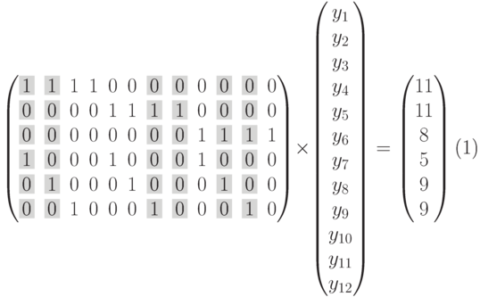 \begin{equation}
\setcounter{MaxMatrixCols}{20}
\begin{pmatrix}
\colorbox[gray]{0.8}1 & \colorbox[gray]{0.8}1 & 1 & 1 & 0 & 0 & \colorbox[gray]{0.8}0 & \colorbox[gray]{0.8}0 & 0 & \colorbox[gray]{0.8}0 & \colorbox[gray]{0.8}0 & 0 \\
\colorbox[gray]{0.8}0 & \colorbox[gray]{0.8}0 & 0 & 0 & 1 & 1 & \colorbox[gray]{0.8}1 & \colorbox[gray]{0.8}1 & 0 & \colorbox[gray]{0.8}0 & \colorbox[gray]{0.8}0 & 0 \\
\colorbox[gray]{0.8}0 & \colorbox[gray]{0.8}0 & 0 & 0 & 0 & 0 & \colorbox[gray]{0.8}0 & \colorbox[gray]{0.8}0 & 1 & \colorbox[gray]{0.8}1 & \colorbox[gray]{0.8}1 & 1 \\
\colorbox[gray]{0.8}1 & \colorbox[gray]{0.8}0 & 0 & 0 & 1 & 0 & \colorbox[gray]{0.8}0 & \colorbox[gray]{0.8}0 & 1 & \colorbox[gray]{0.8}0 & \colorbox[gray]{0.8}0 & 0 \\
\colorbox[gray]{0.8}0 & \colorbox[gray]{0.8}1 & 0 & 0 & 0 & 1 & \colorbox[gray]{0.8}0 & \colorbox[gray]{0.8}0 & 0 & \colorbox[gray]{0.8}1 & \colorbox[gray]{0.8}0 & 0 \\
\colorbox[gray]{0.8}0 & \colorbox[gray]{0.8}0 & 1 & 0 & 0 & 0 & \colorbox[gray]{0.8}1 & \colorbox[gray]{0.8}0 & 0 & \colorbox[gray]{0.8}0 & \colorbox[gray]{0.8}1 & 0 \\
\end{pmatrix}
\times
\begin{pmatrix}
y_1\\y_2\\y_3\\y_4\\y_5\\y_6\\y_7\\y_8\\y_9\\y_{10}\\y_{11}\\y_{12}
\end{pmatrix}
=
\begin{pmatrix}
11\\11\\8\\5\\9\\9
\end{pmatrix}
\end{equation}