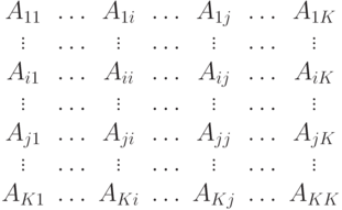 \begin{matrix}
A_{11}& \dots & A_{1i} & \dots & A_{1j}& \dots & A_{1K} \\
\vdots & \dots & \vdots & \dots & \vdots & \dots & \vdots\\
A_{i1} & \dots & A_{ii} & \dots & A_{ij} & \dots & A_{iK}\\
\vdots & \dots & \vdots & \dots & \vdots & \dots & \vdots\\
A_{j1} & \dots & A_{ji} & \dots & A_{jj} & \dots & A_{jK}\\
\vdots & \dots & \vdots & \dots & \vdots & \dots & \vdots\\
A_{K1} & \dots & A_{Ki} & \dots & A_{Kj} & \dots & A_{KK}
\end{matrix}